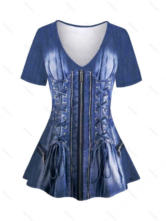 Streetwear Top Vintage Faux Denim Print V Neck Long Top - Bleu profond M | US 6
