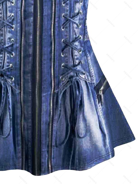 Streetwear Top Vintage Faux Denim Print V Neck Long Top - Bleu profond M | US 6