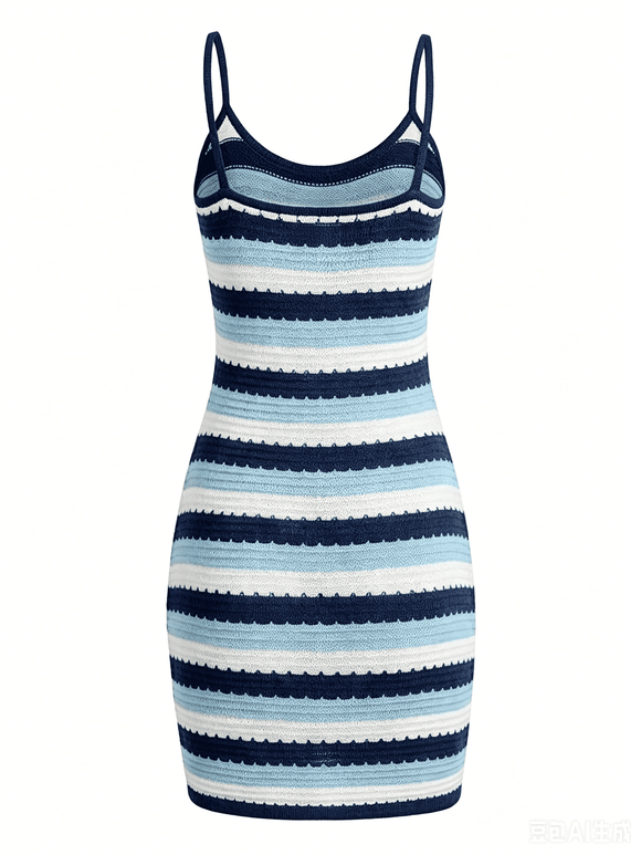 Vacation Dress for Beach Colorblock Striped Print Spaghetti Strap Bodycon Mini Dress - Bleu Ciel L | US 8-10
