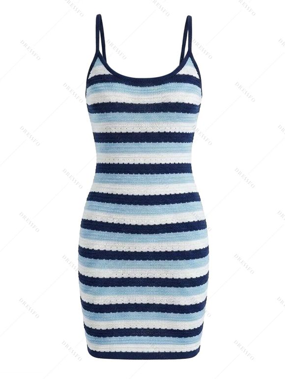 Vacation Dress for Beach Colorblock Striped Print Spaghetti Strap Bodycon Mini Dress - Bleu Ciel L | US 8-10