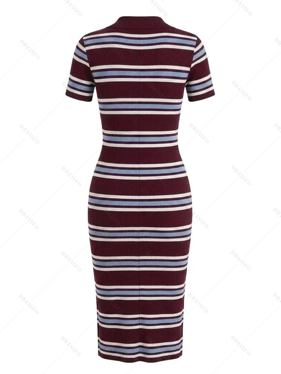 Vacation Shirt Dress Colorblock Striped Half Button Up Turn Down Collar Bodycon Knitted Dress - multicolor ONE SIZE