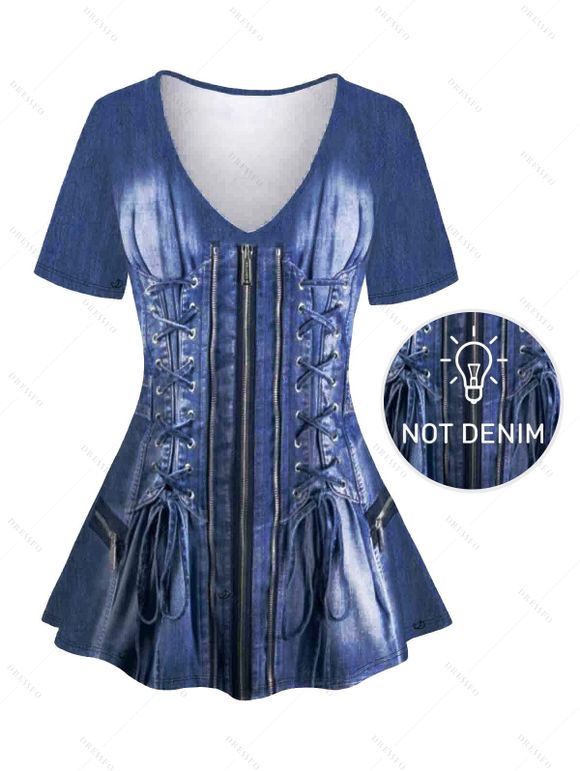 Casual Couple Outfit Vintage Faux Denim Print V Neck Long Top and Skinny Leggings Set - Bleu profond S | US 4