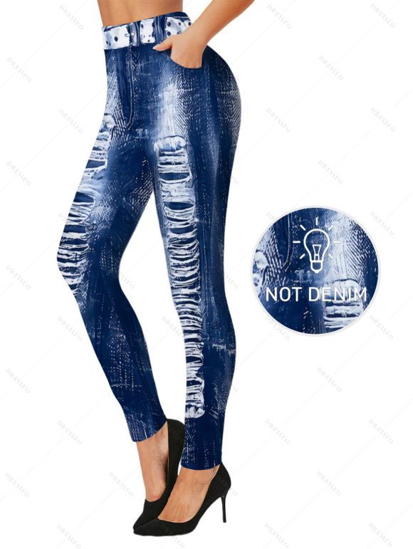 Casual Couple Outfit Vintage Faux Denim Print V Neck Long Top and Skinny Leggings Set - Bleu profond S | US 4