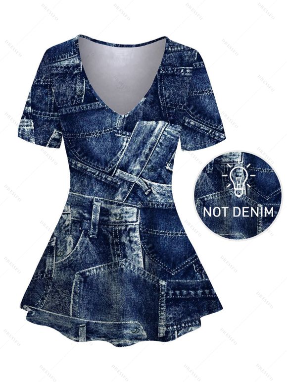 Vintage Women Outfit Faux Denim Print V Neck Long Top and Skinny Leggings Set - Bleu profond S | US 4