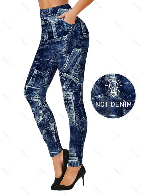 Vintage Women Outfit Faux Denim Print V Neck Long Top and Skinny Leggings Set - Bleu profond S | US 4