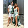 Vacation Couple Outfit Metallic Gold Fluid Smudge Ombre Print Lace Hollow Out Slit Dress and Shirt Set - Vert profond S | US 4