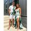 Vacation Couple Outfit Metallic Gold Fluid Smudge Ombre Print Lace Hollow Out Slit Dress and Shirt Set - Vert profond S | US 4