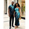 Vacation Couple Outfit Colorblock Metallic Gold Fluid Marble Print Spaghetti Strap Maxi Bodycon Dress and Shirt Set - Noir S | US 4