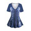 Streetwear Top Vintage Faux Denim Print V Neck Long Top - Bleu profond M | US 6
