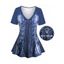Streetwear Top Vintage Faux Denim Print V Neck Long Top - Bleu profond S | US 4