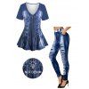 Casual Couple Outfit Vintage Faux Denim Print V Neck Long Top and Skinny Leggings Set - Bleu profond S | US 4