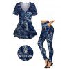 Vintage Women Outfit Faux Denim Print V Neck Long Top and Skinny Leggings Set - Bleu profond S | US 4