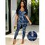 Vintage Women Outfit Faux Denim Print V Neck Long Top and Skinny Leggings Set - Bleu profond S | US 4