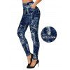 Vintage Women Outfit Faux Denim Print V Neck Long Top and Skinny Leggings Set - Bleu profond S | US 4