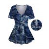 Vintage Women Outfit Faux Denim Print V Neck Long Top and Skinny Leggings Set - Bleu profond S | US 4