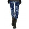 Vintage Women Outfit Faux Denim Print V Neck Long Top and Skinny Leggings Set - Bleu profond S | US 4