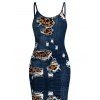 Casual Dress Faux Demin Distressed Leopard Print Spaghetti Strap Maxi Bodycon Dress - Bleu de Minuit XL | US 12