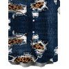 Men's Casual Shirt Faux Demin Distressed Leopard Print Button Up Shirt - Bleu de Minuit XL