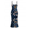 Casual Couple Outfit Faux Demin Distressed Leopard Print Spaghetti Strap Maxi Bodycon Dress and Shirt Set - Bleu de Minuit S | US 4