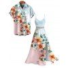 Vacation Couple Outfit Ombre Floral Leaf Print Lace Hollow Out Spaghetti Strap Slit Dress and Shirt Set - multicolor A S | US 4