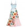 Vacation Couple Outfit Ombre Floral Leaf Print Lace Hollow Out Spaghetti Strap Slit Dress and Shirt Set - multicolor A S | US 4