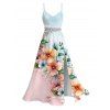 Vacation Couple Outfit Ombre Floral Leaf Print Lace Hollow Out Spaghetti Strap Slit Dress and Shirt Set - multicolor A S | US 4