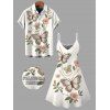 Vacation Couple Outfit Faux Embroidered Pearl Flower Leaf Butterfly Print Spaghetti Strap Mini Dress and Shirt Set - Blanc S | US 4