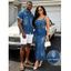 Casual Couple Outfit Faux Denim Print Spaghetti Strap Maxi Bodycon Dress and Shirt Set - Bleu Toile de Jean S | US 4