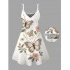 Vacation Dress Faux Embroidered Pearl Flower Leaf Butterfly Print Spaghetti Strap Mini Dress - Blanc XXXXXL | US 20