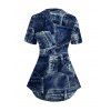 Vintage Top Faux Denim Print V Neck Streetwear Long Top - Bleu profond XXL | US 14