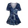 Vintage Top Faux Denim Print V Neck Streetwear Long Top - Bleu profond XXL | US 14