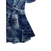 Vintage Top Faux Denim Print V Neck Streetwear Long Top - Bleu profond XXL | US 14