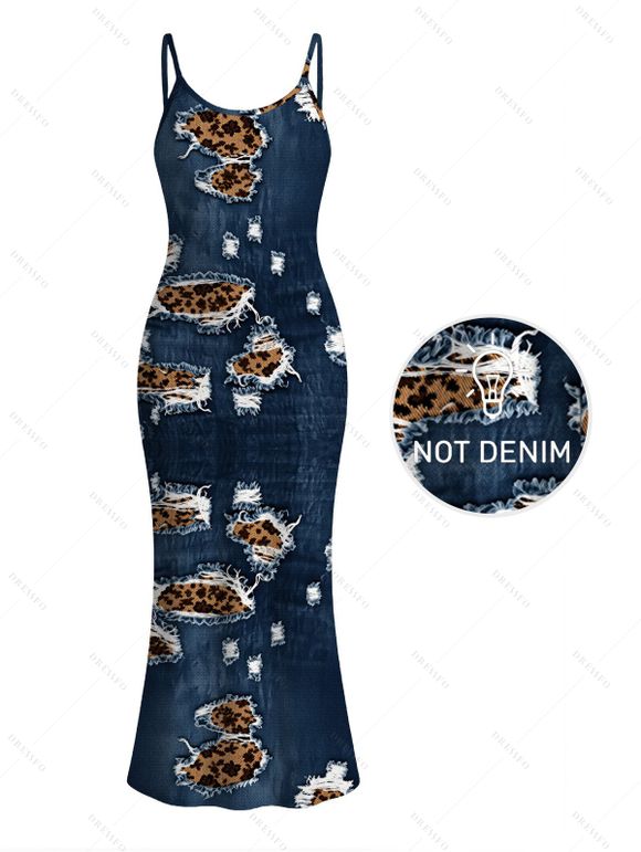 Casual Couple Outfit Faux Demin Distressed Leopard Print Spaghetti Strap Maxi Bodycon Dress and Shirt Set - Bleu de Minuit S | US 4