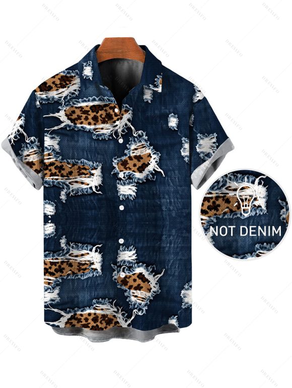 Casual Couple Outfit Faux Demin Distressed Leopard Print Spaghetti Strap Maxi Bodycon Dress and Shirt Set - Bleu de Minuit S | US 4
