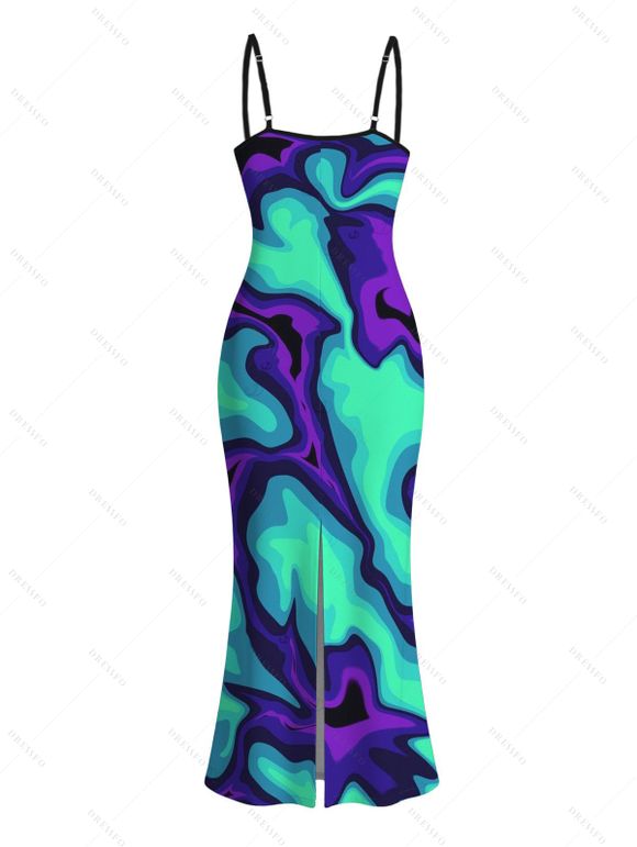 Cyberpunk Dress Colorblock Fluid Swirl Ombre Print Spaghetti Strap Maxi Bodycon Dress - Turquoise XXL | US 14