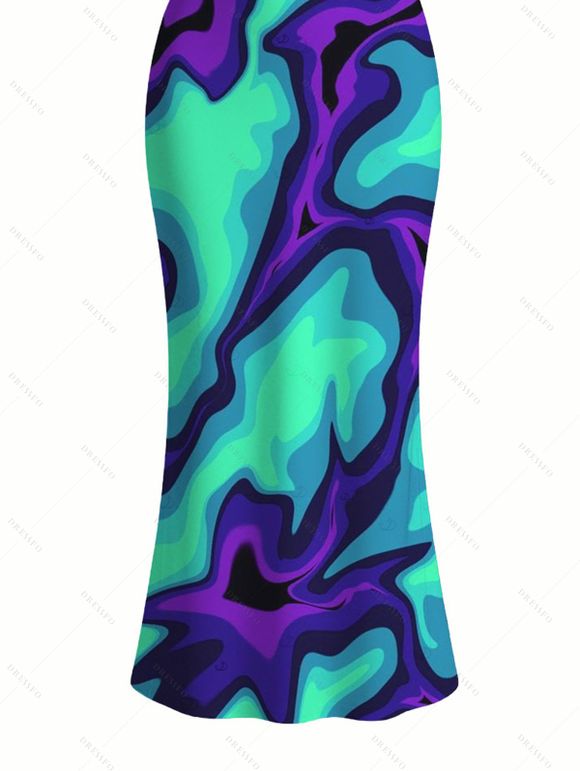 Cyberpunk Dress Colorblock Fluid Swirl Ombre Print Spaghetti Strap Maxi Bodycon Dress - Turquoise XXL | US 14