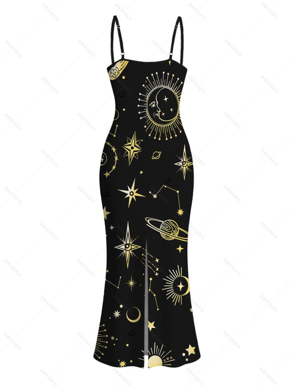 Vacation Dress Celestial Sun Moon Planet Print Spaghetti Strap Maxi Bodycon Dress - Noir XXL | US 14