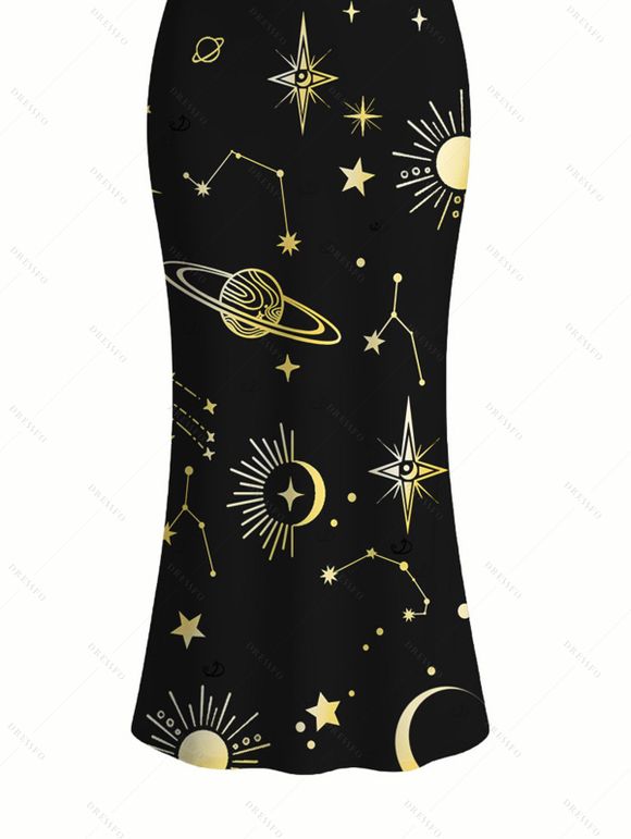 Vacation Dress Celestial Sun Moon Planet Print Spaghetti Strap Maxi Bodycon Dress - Noir XXL | US 14