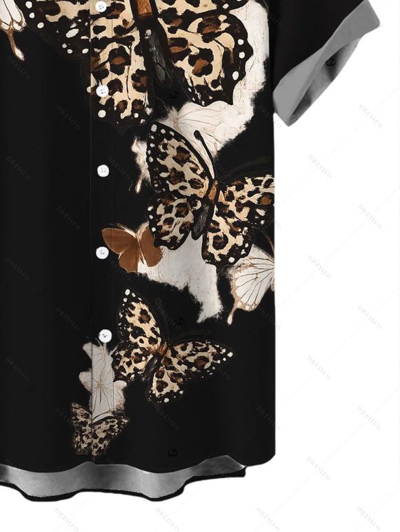 Men's Gothic Shirt Leopard Butterfly Print Button Up Shirt - Noir 5XL