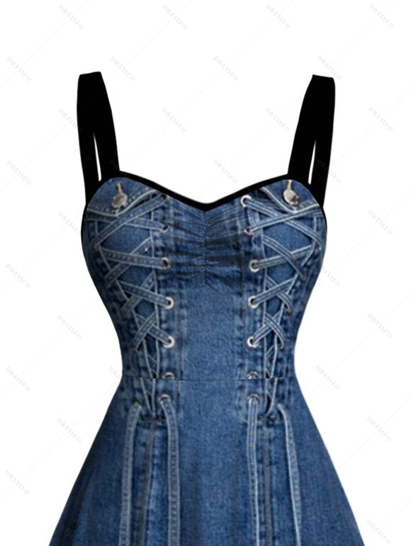 Casual Dress Vintage Faux Denim Print Sweetheart Neck Ruched Bust Mini Dress - Bleu profond XXXXXL | US 20