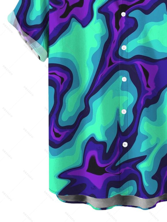 Men's Cyberpunk Shirt Colorblock Fluid Swirl Ombre Print Button Up Shirt - Turquoise 5XL