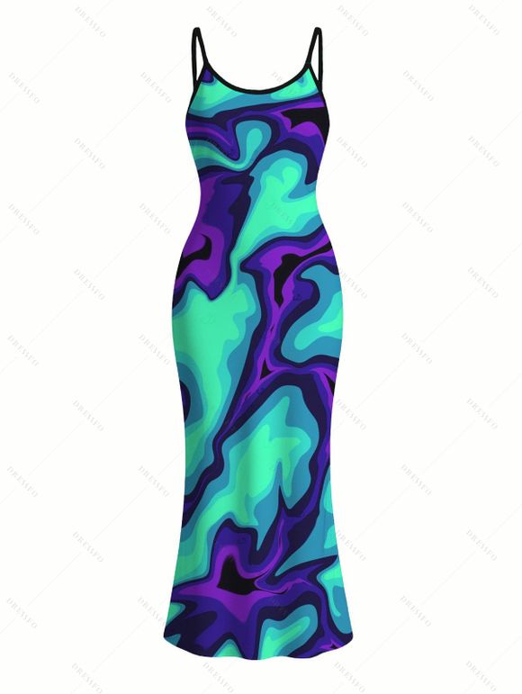 Cyberpunk Couple Outfit Colorblock Fluid Swirl Ombre Print Spaghetti Strap Maxi Bodycon Dress and Shirt Set - Turquoise S | US 4
