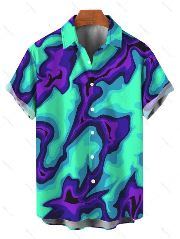 Cyberpunk Couple Outfit Colorblock Fluid Swirl Ombre Print Spaghetti Strap Maxi Bodycon Dress and Shirt Set - Turquoise S | US 4