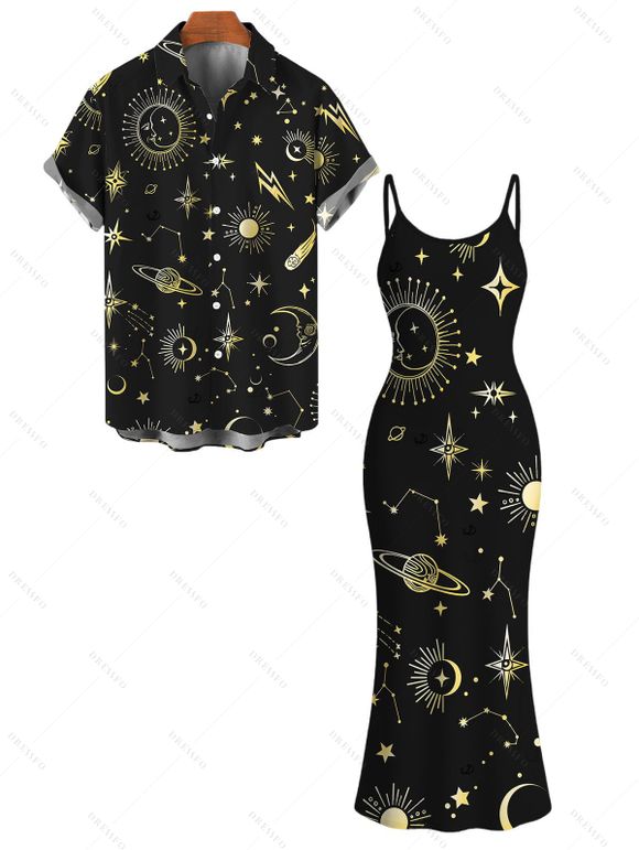 Vacation Couple Outfit Celestial Sun Moon Planet Print Spaghetti Strap Maxi Bodycon Dress and Shirt Set - Noir S | US 4