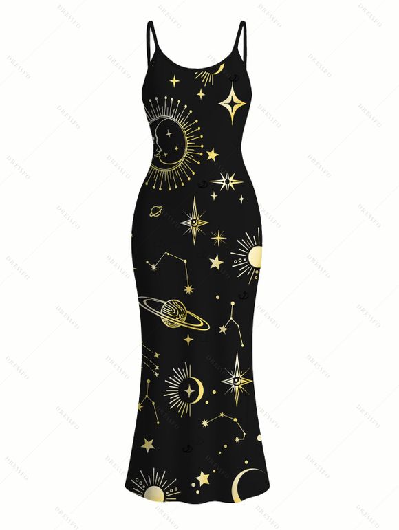 Vacation Couple Outfit Celestial Sun Moon Planet Print Spaghetti Strap Maxi Bodycon Dress and Shirt Set - Noir S | US 4