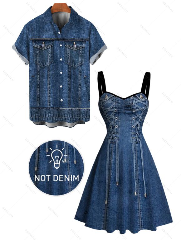 Casual Couple Outfit Vintage Faux Denim Print Sweetheart Neck Ruched Bust Mini Dress and Shirt Set - Bleu profond S | US 4