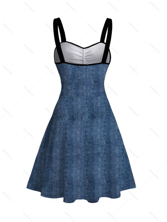 Casual Couple Outfit Vintage Faux Denim Print Sweetheart Neck Ruched Bust Mini Dress and Shirt Set - Bleu profond S | US 4