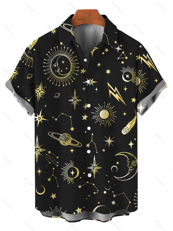 Vacation Couple Outfit Celestial Sun Moon Planet Print Spaghetti Strap Maxi Bodycon Dress and Shirt Set - Noir S | US 4
