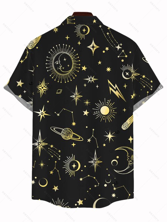 Vacation Couple Outfit Celestial Sun Moon Planet Print Spaghetti Strap Maxi Bodycon Dress and Shirt Set - Noir S | US 4