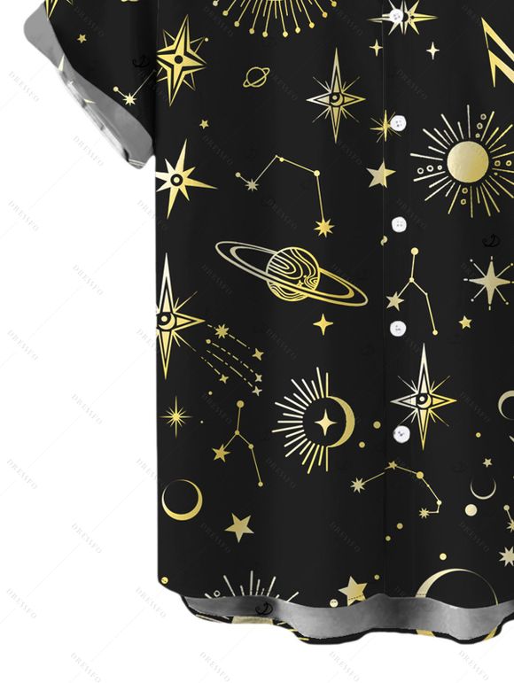 Vacation Couple Outfit Celestial Sun Moon Planet Print Spaghetti Strap Maxi Bodycon Dress and Shirt Set - Noir S | US 4